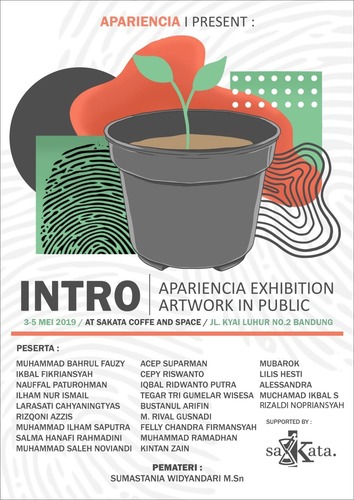 Tentang pameran  Suatu kegiatan pameran yang menjadi hal penting dalam bidang kesenirupaan terutama bagi mahasiswa desain. Sebuah pameran karya dapat menambah pengetahuan, meningkatkan apresiasi serta mempertajam imaginasi dan intuisi. Melalui pameran, seorang bisa memperkenalkan karya-karyanya kepada masyarakat baik dilingkungan sekitar ataupun masyarakat umum. Pameran bisa menjadi salah satu kegiatan untuk memaparkan hasil gagasan dan ide karya seni rupa agar dapat diapresiasi oleh banyak orang. Pameran karya seni rupa tidak hanya dilakukan oleh seniman besar saja, tetapi juga dapat digunakan sebagai media pembelajaran kuliah.dalam hal ini mencakup beberapa hal penting seperti peran penting pameran karya seni rupa, fungsi pameran karya seni rupa, tujuan pameran karya seni rupa,  Berlatar belakang hal tersebut, unit kegiatan mahasiswa Apariencia mengusung sebuah pameran yang bertujuan untuk sebuah titik awal untuk anggota baru merasakan bagaimana sebuah karya di pajang di ruang publik. Yang bertujuan untuk membuat para anggota percaya diri, belajar menyampaikan sebuah ide ke ruang publik. Pameran ini merupakan program kerja unit kegiatan mahasiswa yang mana di adakan sebagai salah satu pengenalan anggota baru tentang sebuah proses berkarya, merasakan karya di ruang publik dan di harapkan dapat mempersentasikan, mengkomunikasikan sebuah karya sehingga merasakan apresiasi oleh masyarakat luas. Pameran unit kegiatan mahasiswa Apariencia ini berjudul “INTRO”  Nama kegiatan ini di ambill dari bahasa Asing/inggris yang berarti awalan, dimana awalan yg kami analogikan sebuah dasaran tentang anggota baru yang baru berkecimpung di kegiatan berkesenirupaan, dengan bentuk sebuah karya yang berlatar belakang dan berangkat dari pribadi/self image.