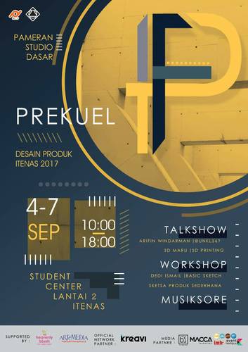 Are you ready to be the witness of the amazing journey?  'Prekuel' membentuk bagian-bagian awal dalam setiap karya yang telah dan akan tercipta dimana menampilkan latarbelakang titik awal menuju kisah-kisah selanjutnya dengan dipersembahkannya Pameran Studio Dasar Desain Produk angkatan 2017 pada :   📅 04-07 September 2017  ⏰ 08.00-19.00 WIB  📍Student Centre Lt. 2 Itenas      Jl. PHH Mustofa No. 23, Bandung  Dimeriahkan Oleh :  Pembicara Talkshow : -3D Maru - Bapak Arifin Windarman selaku pendiri UNKL347  Workshop 'Basic Sketching' oleh Bapak Dedy Ismail  Penampilan Live Music : - Karalotob - Mayonice - Orc - SAP - Nowhere - Candies Animal - Waluyos - Weeping Lucille - Erratic Moody and many more  With Special Guest Star :  - The Fox and The Thieves - The Panturas  Jangan berhenti bercerita. Save the date! Mari datang dan ramaikan.  Contact Information : WA : 0812-3401-8373 Email : prekuel17@gmail.com  #prekuel17 #pameran2017 #desainproduk #itenas #proofitenas